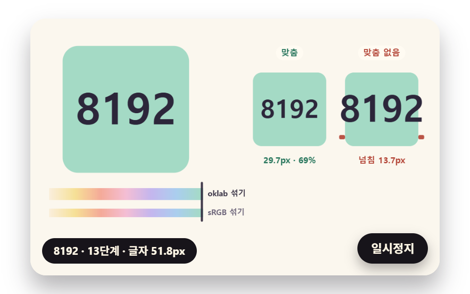 2의 거듭제곱 단계로 고르는 색과 글자 크기 맞춤