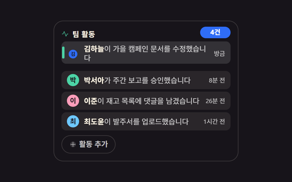 알림 목록 ui 9가지 — 사이드바에 박히는 활동 피드와 이력 위젯