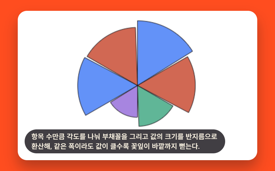 값마다 반지름이 다른 꽃잎으로 펼치는 콕스콤 차트