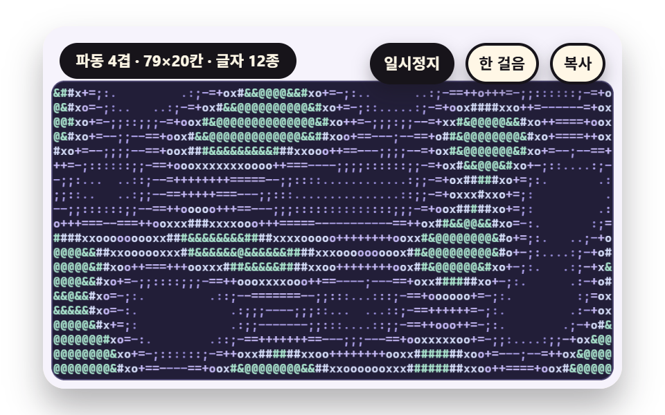 움직이는 플라즈마를 프레임마다 글자로 다시 읽는 글자 판