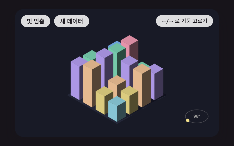 빛 방향에 따라 윗면·옆면 명암이 달라지는 등축 3D 기둥