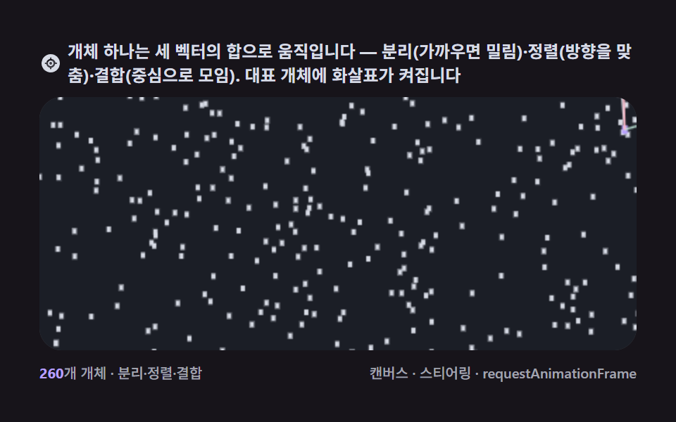 캔버스 보이드(boids javascript) 군집 9종 — 새떼 애니메이션 — 데모 9종 미리보기