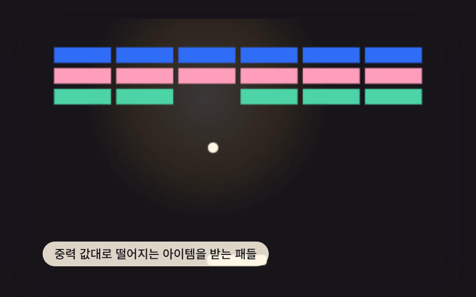 중력 값대로 떨어지는 아이템을 받는 패들