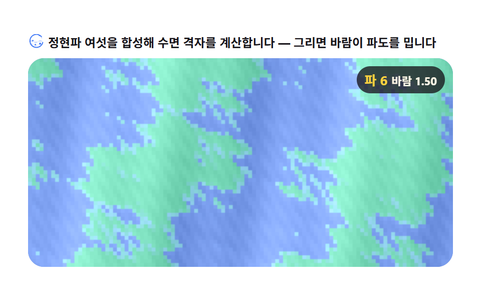 캔버스 바다 애니메이션 9종 — 겹친 정현파로 파도장을 계산한다 — 데모 9종 미리보기