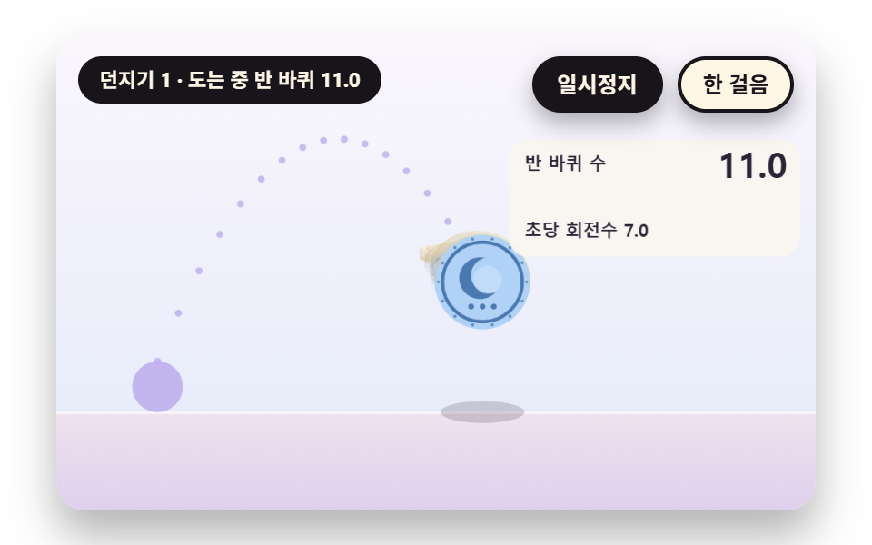 체공 시간에 회전 속도를 곱해 반 바퀴 수로 면을 읽는 포물선 던지기