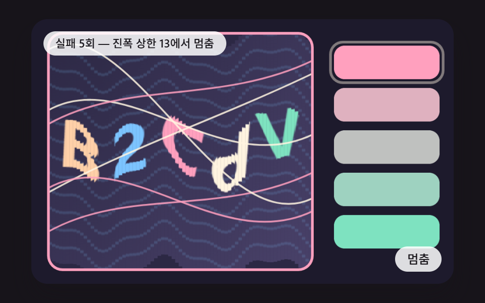 틀릴 때마다 왜곡 진폭과 선 수가 한 단계씩 올라가는 단계형 확인
