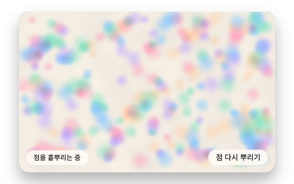 흩뿌린 점이 번지고 늘어나 얼룩지는 점 무늬 결