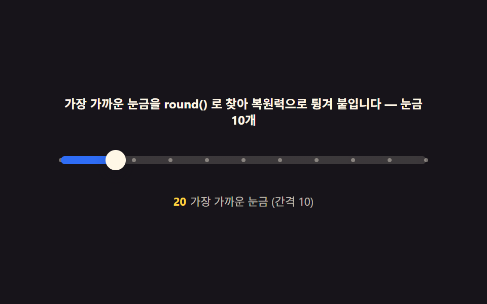 눈금 스냅 — 가장 가까운 눈금을 찾아 복원력으로 튕겨 붙는 단속 함수