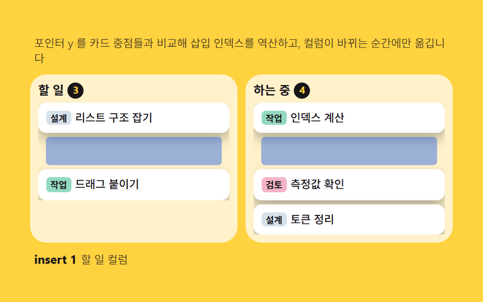 칸반 카드 — 포인터 y 비율로 목표 컬럼·삽입 인덱스를 역산하는 계산