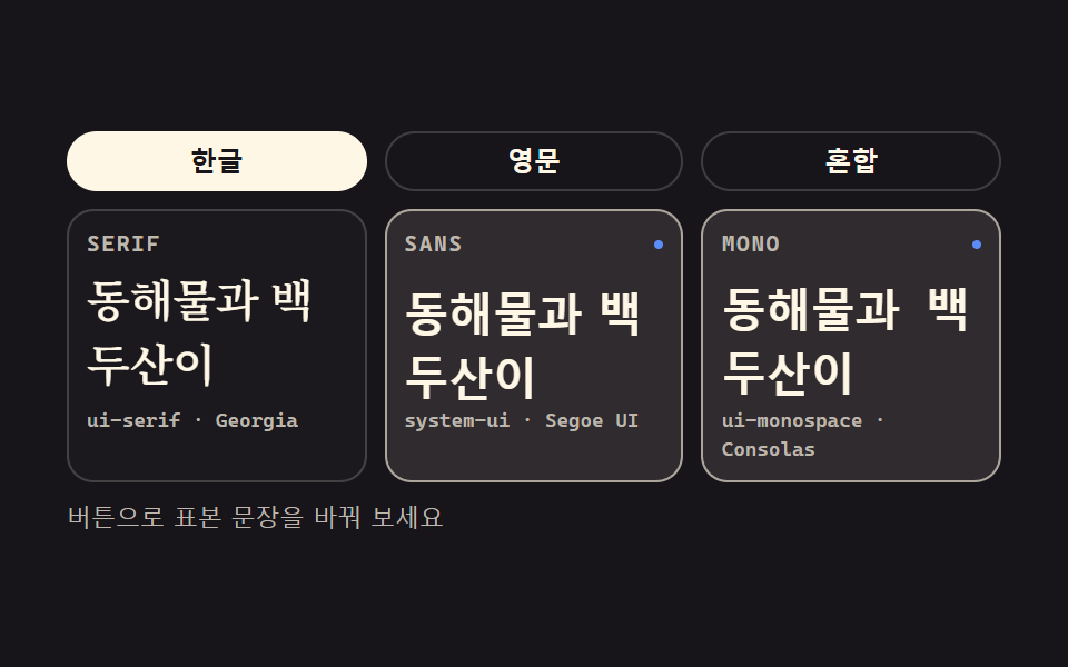 css typography 플레이그라운드 9종 — 웹폰트 한 줄도 없이