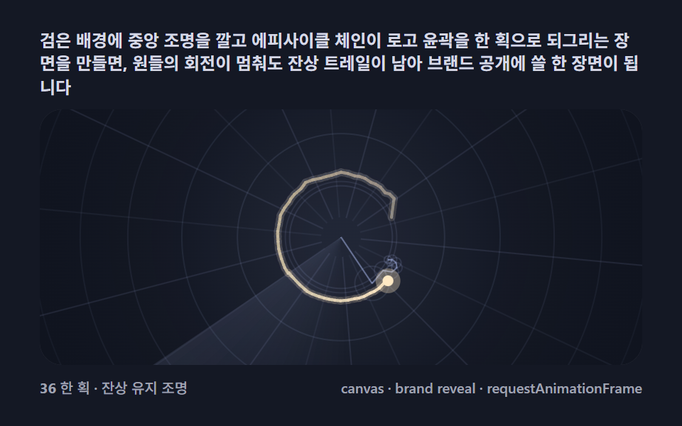 로고 트레이스 씬 — 어두운 무대 위 한 획 로고 공개 장면