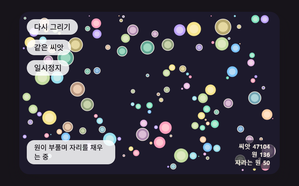 서로 닿을 때까지 부푸는 원 채우기