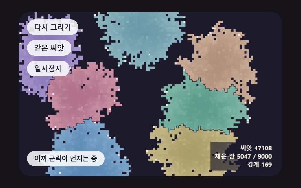 가장자리 칸이 하나씩 붙으며 번지는 이끼 군락