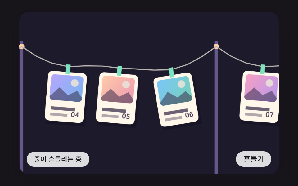 줄로 이어진 카드들이 앞 카드를 따라 옆으로 끌려가며 출렁이다 가라앉는 줄 매달린 카드 행렬