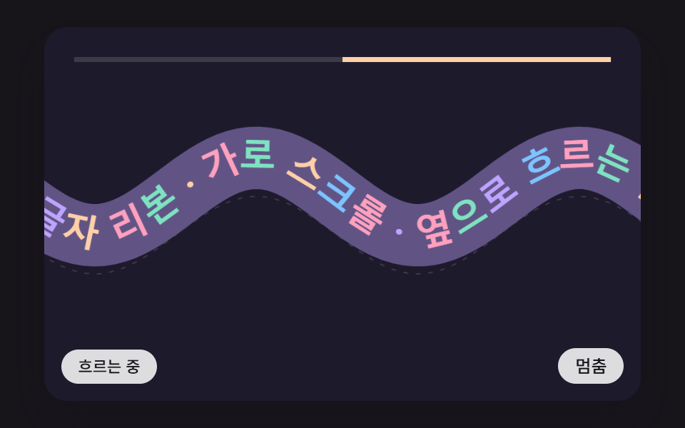 글자 띠가 사인 물결 곡선 위를 옆으로 흐르고 글자마다 곡선의 기울기만큼 돌아가며 속도가 붙으면 물결이 높아지는 글자 리본