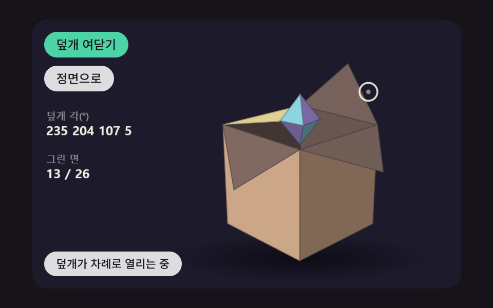 누르면 덮개 네 장이 차례로 스프링처럼 열리는 3D 상자 모형
