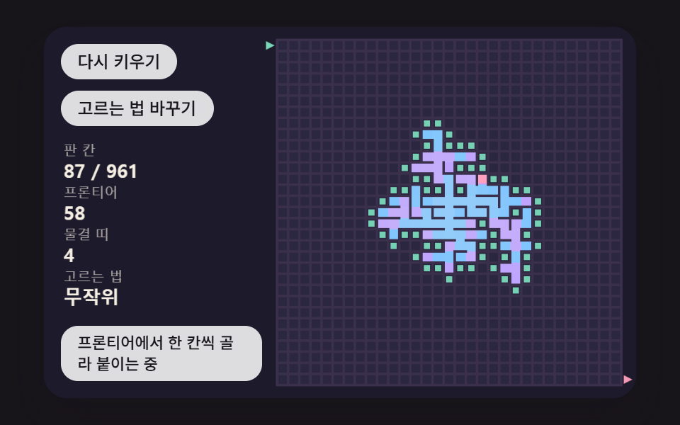 프론티어가 물결 모양으로 바깥으로 번지며 자라나는 미로