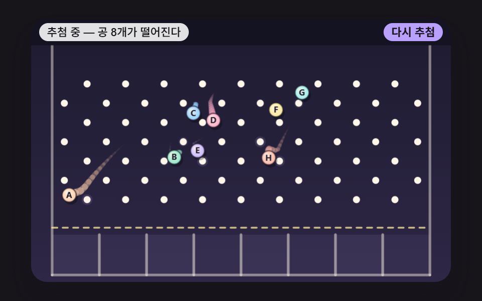 핀볼 뽑기 9종 — 이름 공 추첨판·플리퍼·범퍼·구슬 레이스