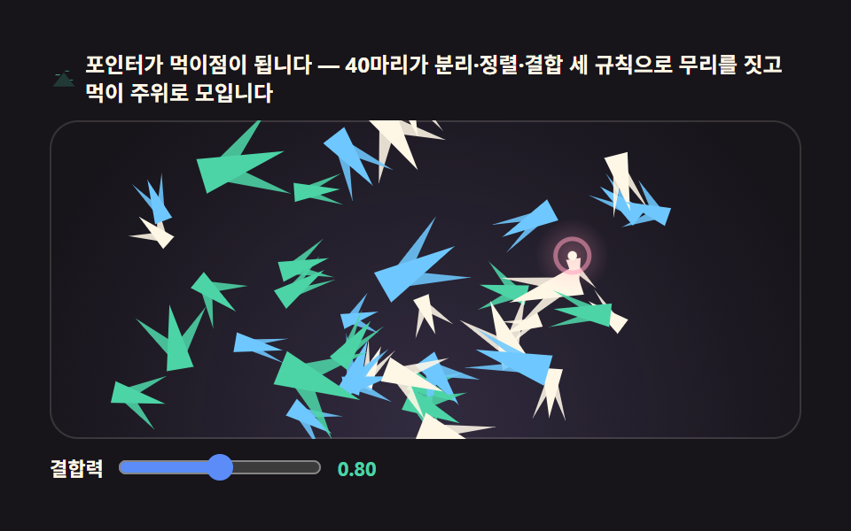 새떼 보이드 씬 — 세 규칙으로 유지되는 무리 이동