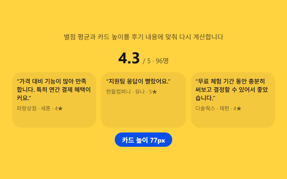 요금 후기 — 평점 평균을 직접 구해 보여주는 후기 묶음