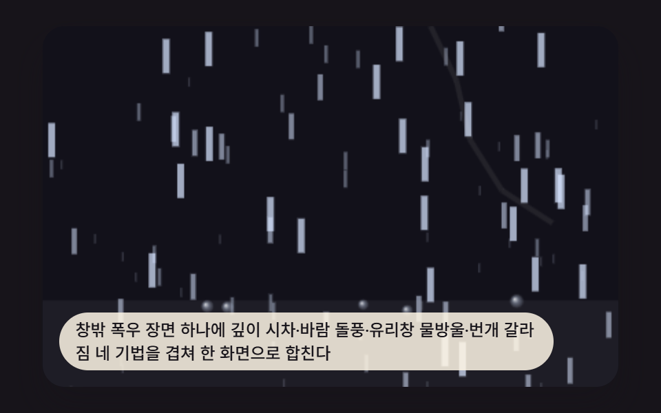 층·바람·물방울·번개를 한 화면에 합친 폭풍 히어로 장면
