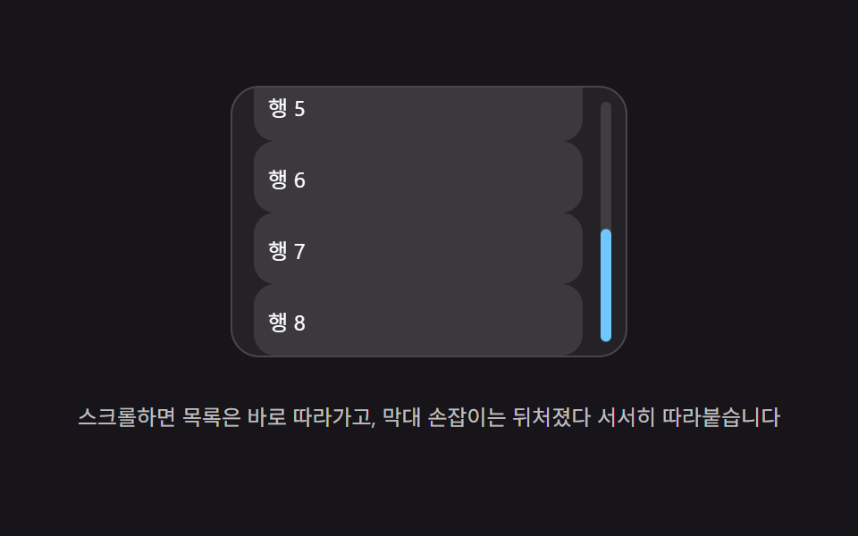 지연 추적 — 뒤따르는 값이 실제 스크롤 값을 곧바로 따라가지 않고 지연 값만큼 늦게 뒤쫓는 방식