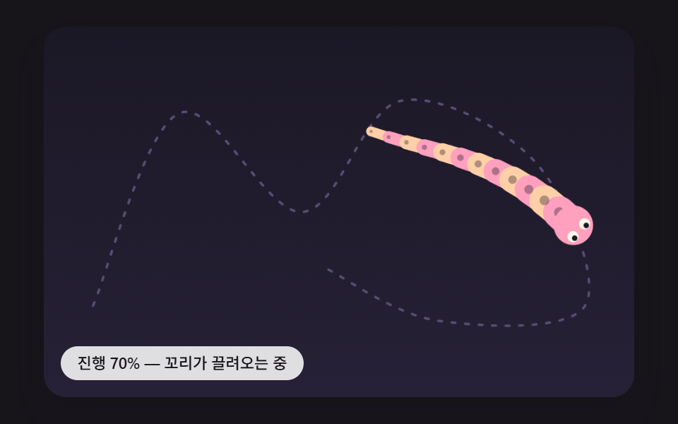 마디 길이를 지키며 길을 따라 끌려오는 꼬리