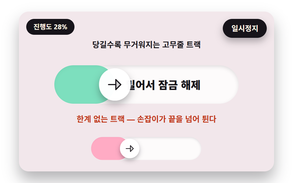 밀어서 잠금해제 9종 — 당길수록 무거운 고무줄 트랙부터 호 위 전원 슬라이더까지
