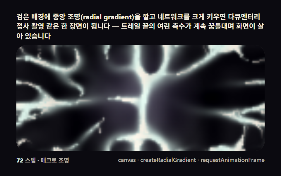 Macro bioluminescent scene — a documentary-lit slime mold on a dark stage