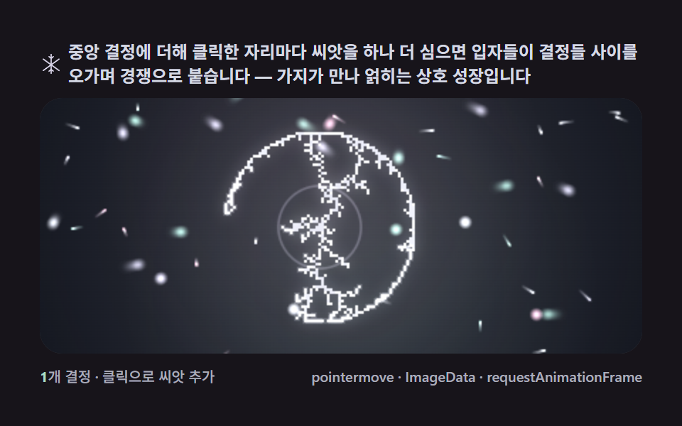 포인터 씨앗 — 클릭한 자리에서 두 번째 결정이 같이 자라기 — snowflake generator 9종 — DLA로 자라는 눈결정