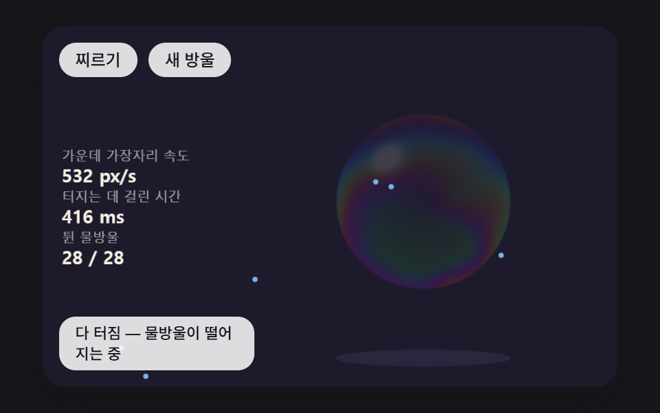 찌른 자리부터 구멍 가장자리가 말려 나가며 물방울이 튀는 터짐