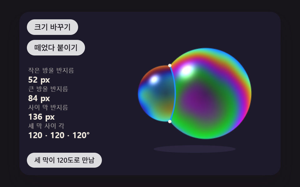 두 방울이 붙어 사이에 휜 막 하나를 나눠 갖는 쌍둥이 방울