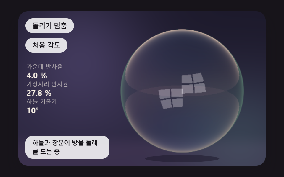 하늘과 창문을 비추고 가장자리로 갈수록 반사가 짙어지는 방울