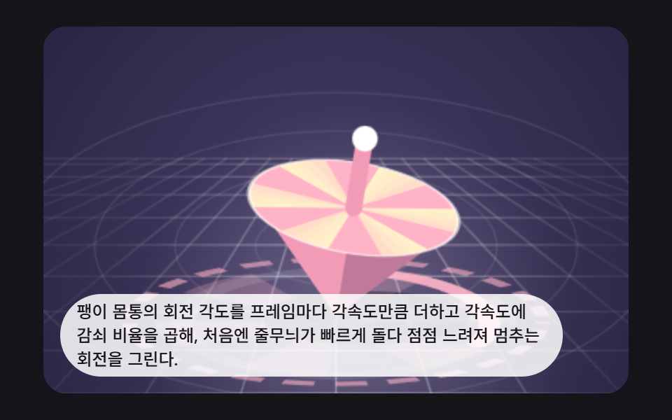 팽이 돌리기 9가지 — 각속도와 세차로 계산하는 회전 장면