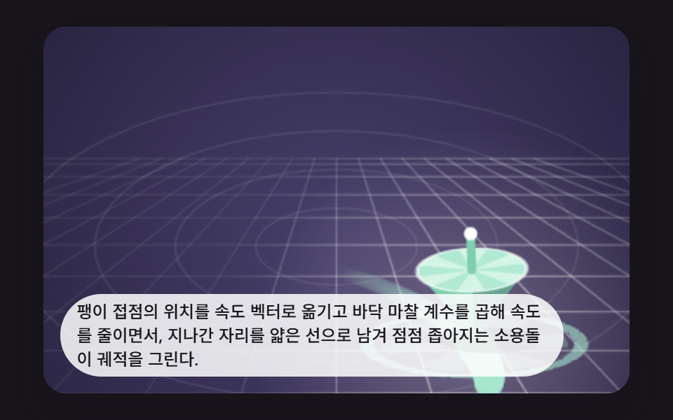 바닥에 마찰 궤적을 남기며 떠도는 팽이