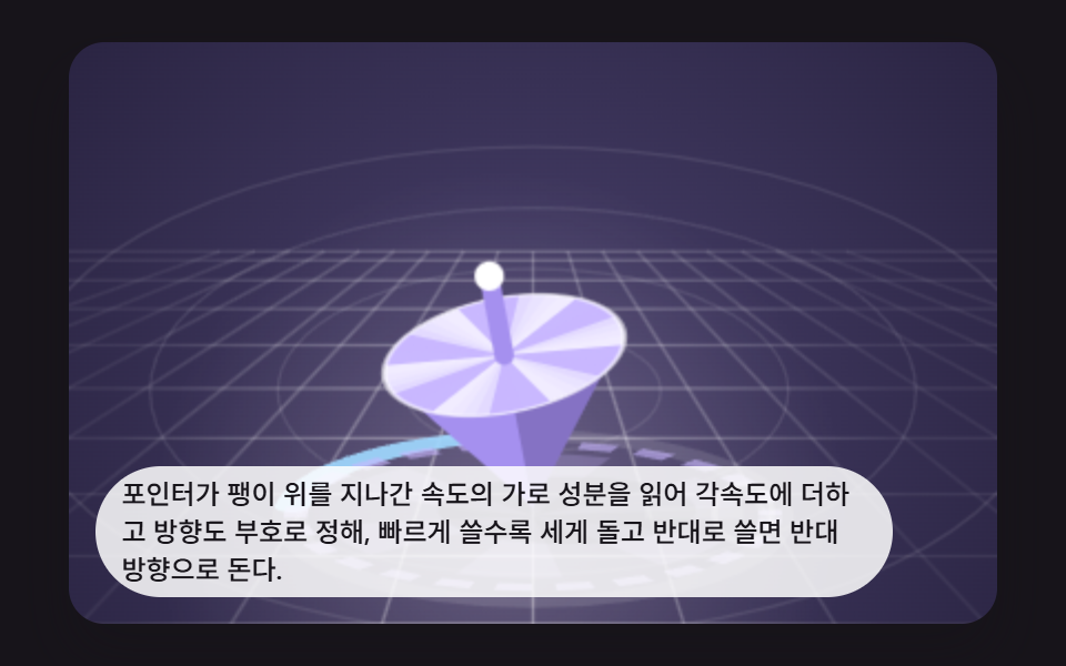 포인터를 쓸어 넘기면 회전이 붙는 팽이