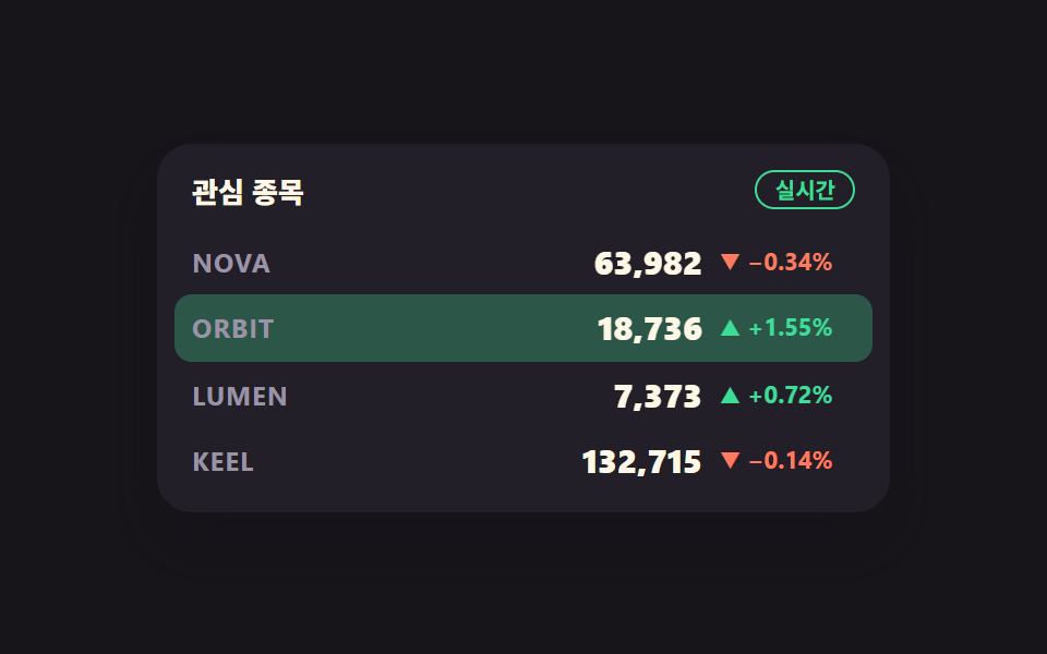 주식 앱 ui 실시간 시세판 9종 — API 키 없이 — 데모 9종 미리보기