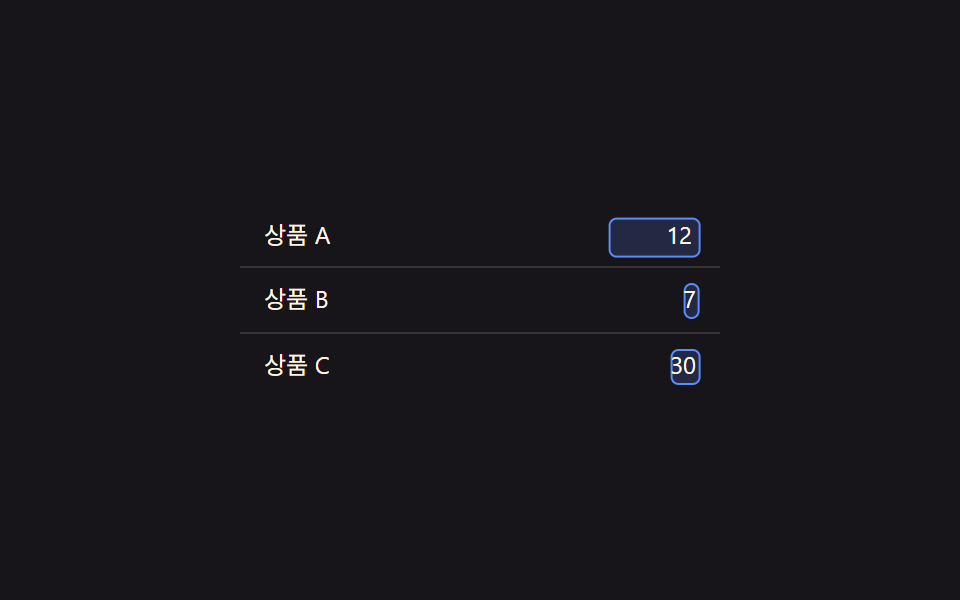 편집 상태 값 전환 — 셀의 편집 상태 값이 바뀌면 문구 값이 입력 칸 값으로 자리를 바꾸는 방식