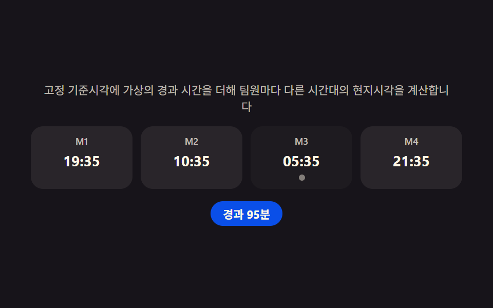 팀 푸터 — 팀원별 시간대를 계산해 지금 몇 시인지 보여주는 줄