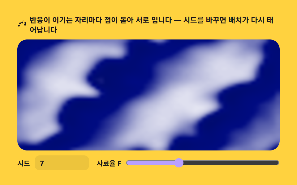 튜링 패턴 시뮬레이션 9종 — 라이브러리 없이 두 물질의 반응 격자만으로
