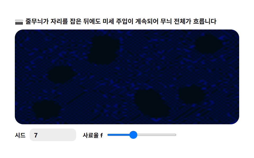 물결 — 무늬 전체가 천천히 흐른다 — 튜링 패턴 시뮬레이션 9종 — 라이브러리 없이 두 물질의 반응 격자만으로