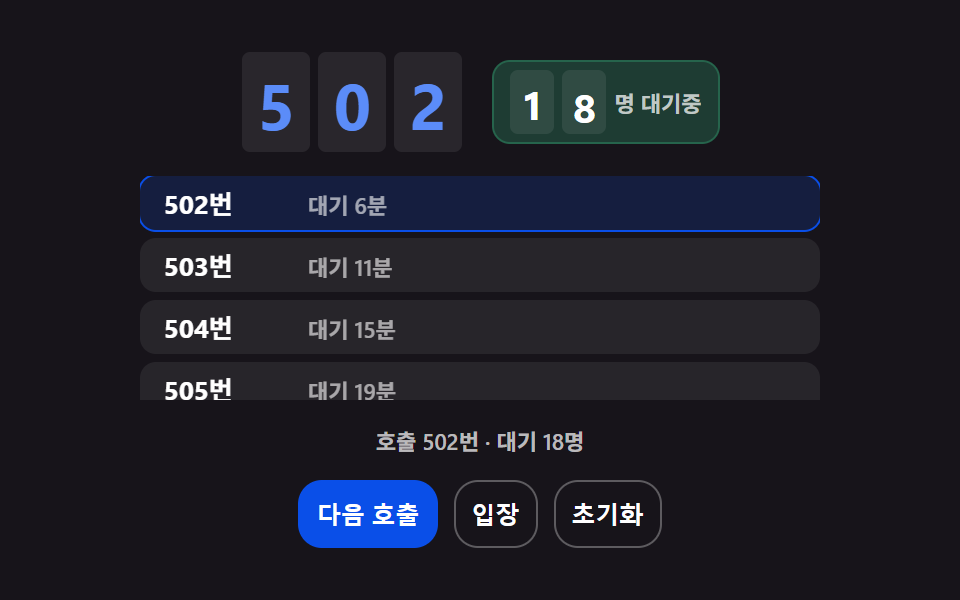 여러 계산을 한 화면에 모은 대기 순번판 히어로 장면